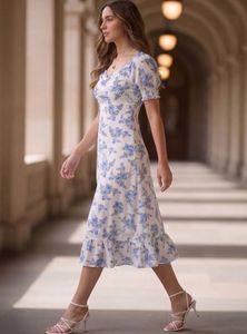 Aayu Floral Printed Puff Sleeve Midi Dress