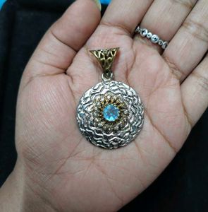 Blue Stone Silver Toned Victorian Pendant