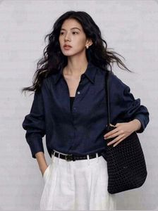 Mango linen Navy Blue Button-Up Shirt