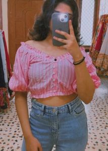 Pink Striped Off-Shoulder Crop Top
