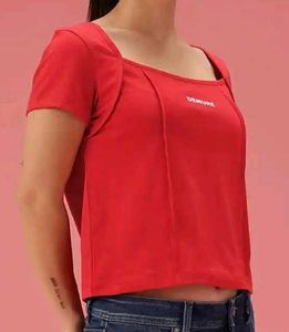 Red Square Neck Casual Top