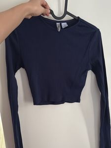 Navy Blue Long Sleeve Crop Top