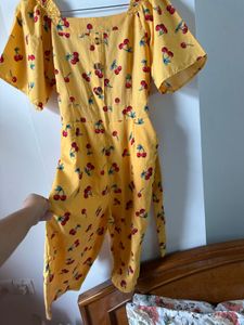 Mustard Yellow Cherry Print cropped Jumpsuit