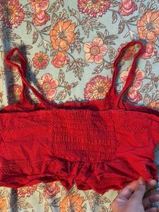 Red Eyelet Button-Front Crop Top
