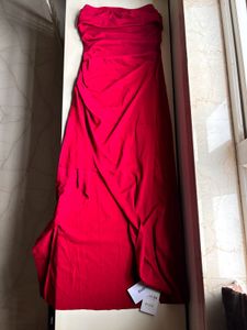 Elegant Red Savana Strapless High-Slit Dress