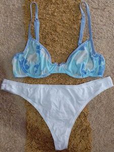 Light Blue Floral Bra & White Thong Set