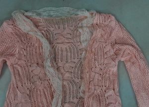 Pink Lace Trim Knit Cardigan