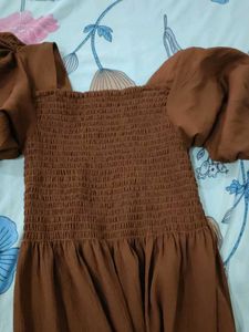 Brown Puff Sleeve Smocked Dress
