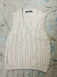 Cream Cable Knit Sleeveless V-Neck Sweater Vest
