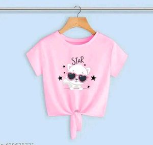 Cute Cat Print Pink Tie-Front Top &amp; Skirt Set