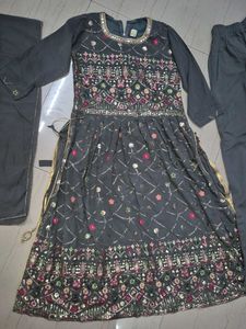 Dark Grey Designer Embroidered Kurta Set.
