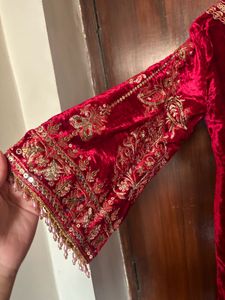 Elegant Red Velvet Kurta with Intricate Embroidery