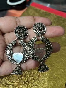 Oxidized Silver Heart Jhumka Earrings