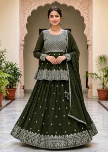 Elegant Olive Green Embroidered Lehenga Choli Set