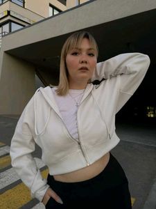 Cream Cropped Zip-Up Hoodie