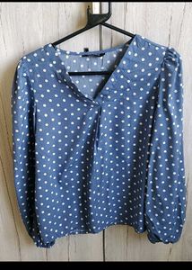 Blue Polka Dot V-Neck Blouse