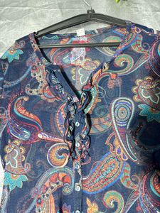 Sheer Paisley Print Button-Up Blouse