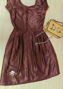 Chic Brown Satin Dress with Accent