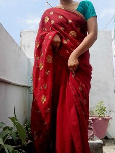 Embroidered Red Saree  with blause
