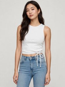 H&M Ribbed White Crop Top with Tie Detail