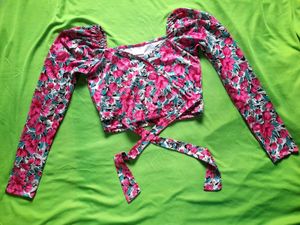 Chic Multicolor Floral Puff Sleeve Crop Top Women