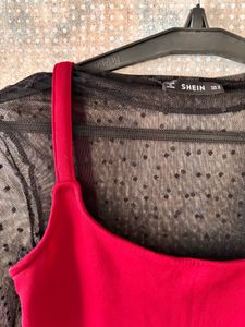 Chic Red Dress with Black Mesh Top