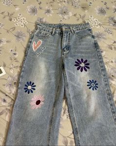 Cute Embroidered Wide Leg Jeans