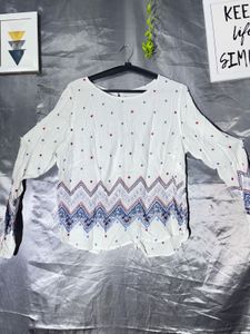 White Boho Printed Button-Up Top
