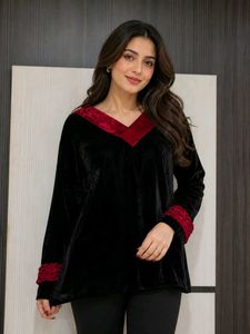 Elegant Black Velvet Kurta with Red Accent