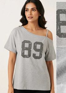 Grey "89" Graphic Print One-Shoulder Top