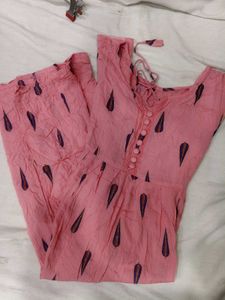 Pink Kurta with Purple Leaf Print