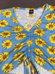 Blue Sunflower Print Ruched Crop Top