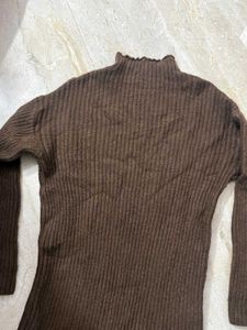 Brown Ribbed Knit Midi Dress