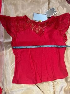 Red Lace Detail V-Neck Top