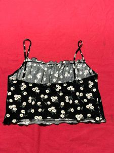SHEIN Black Floral Frill Crop Top – Size L