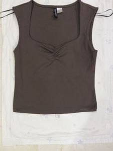 Brown Square Neck Ruched Tank Top