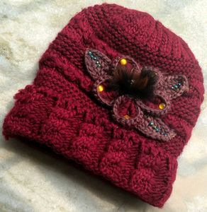 Burgundy Knit Beanie with Floral Embellishment