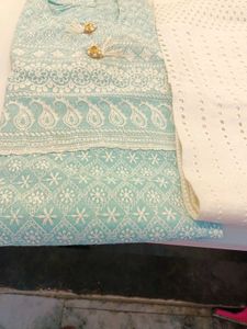 Beautiful White and Sea green Cotton Chikankari ku