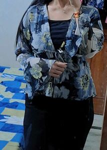 Sheer Floral Tie-Front Blouse