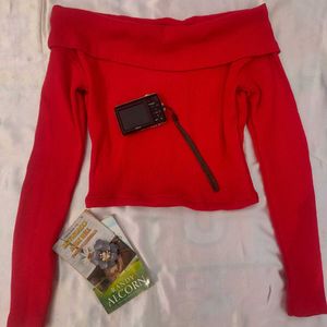 Red Off-Shoulder Long Sleeve Top