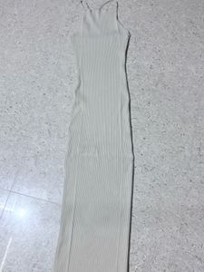 Cream Ribbed Knit Maxi Dress fully stretchable fit