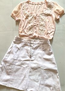Light Pink Cropped Cardigan Top &amp; Skirt