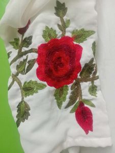 White Embroidered Floral sleeveless gown with shru