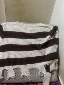 Striped V-Neck Distressed Sweater