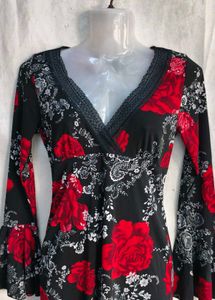6329. Black Floral Print Bell Sleeve Dress