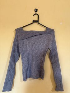 Grey Ribbed Off-Shoulder Sweater