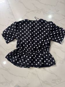 Black Polka Dot Ruched Peplum Top