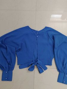 Blue Balloon Sleeve Crop Top