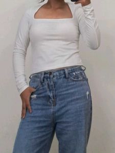 H&amp;M White Square Neck Long Sleeve Top