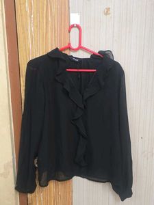 MAX Chic Black Ruffle V-Neck Blouse
